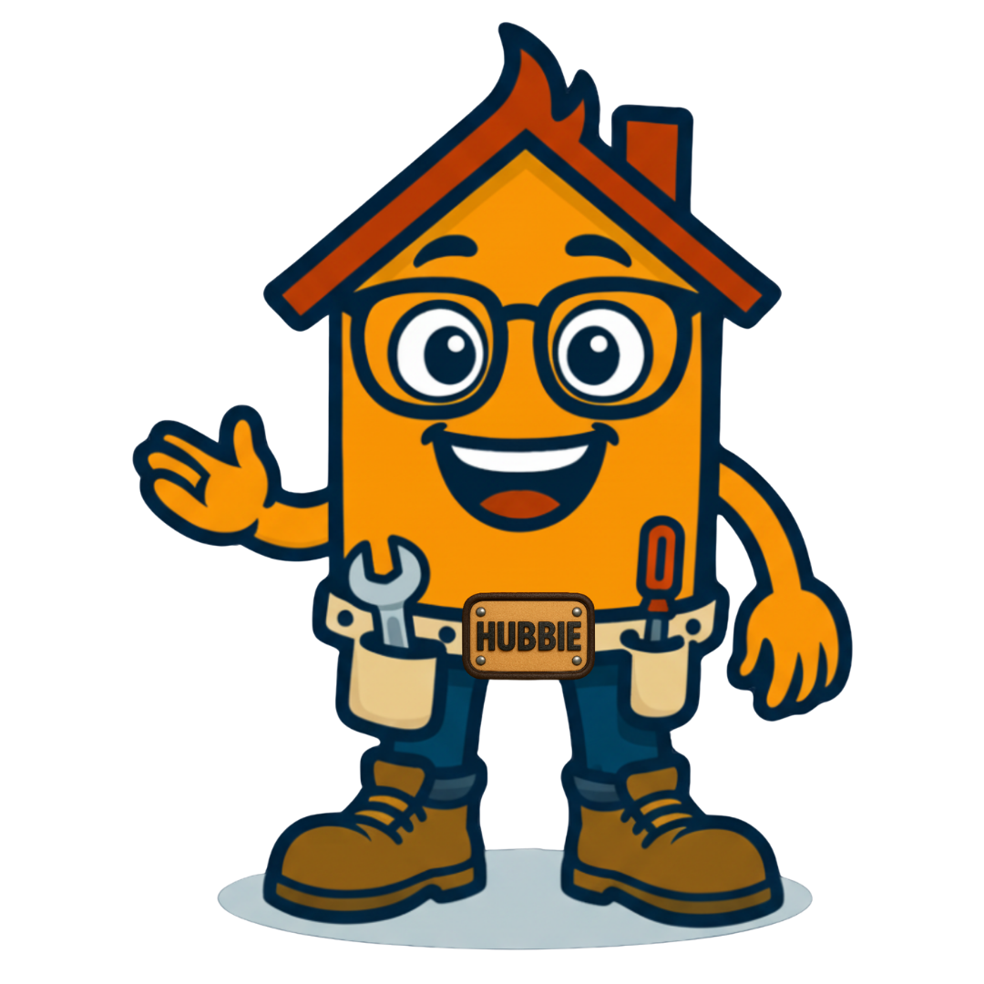 Hubbie mascot cartoon character with tools and hard hat